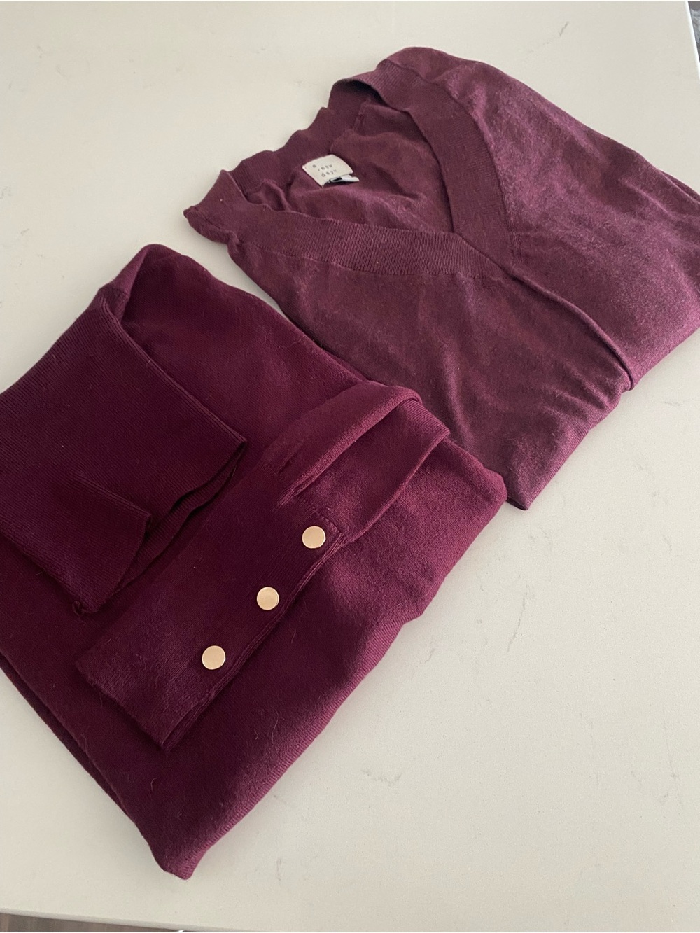 Set of Deep Berry V-Neck Sweater and Button-Cuff Pullover